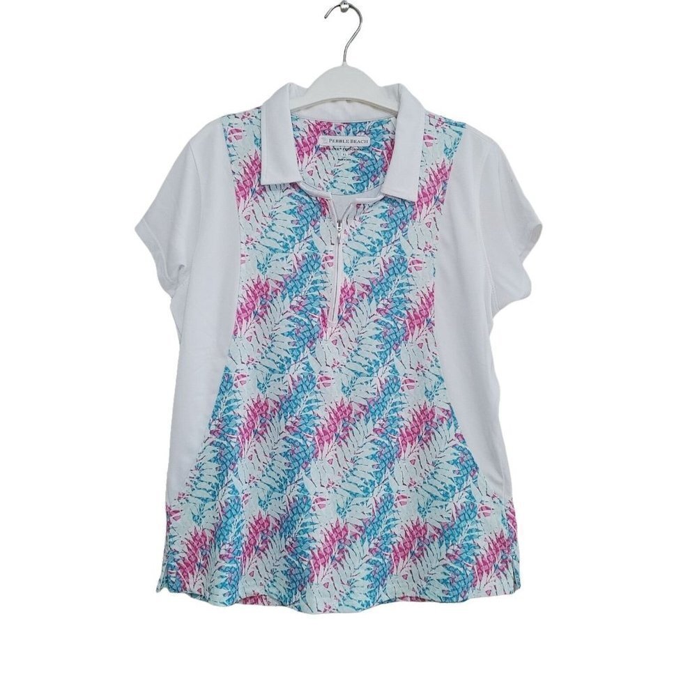 Pebble Beach Womens Golf Polo Shirt Size  XL White Blue Pink Dry Luxe